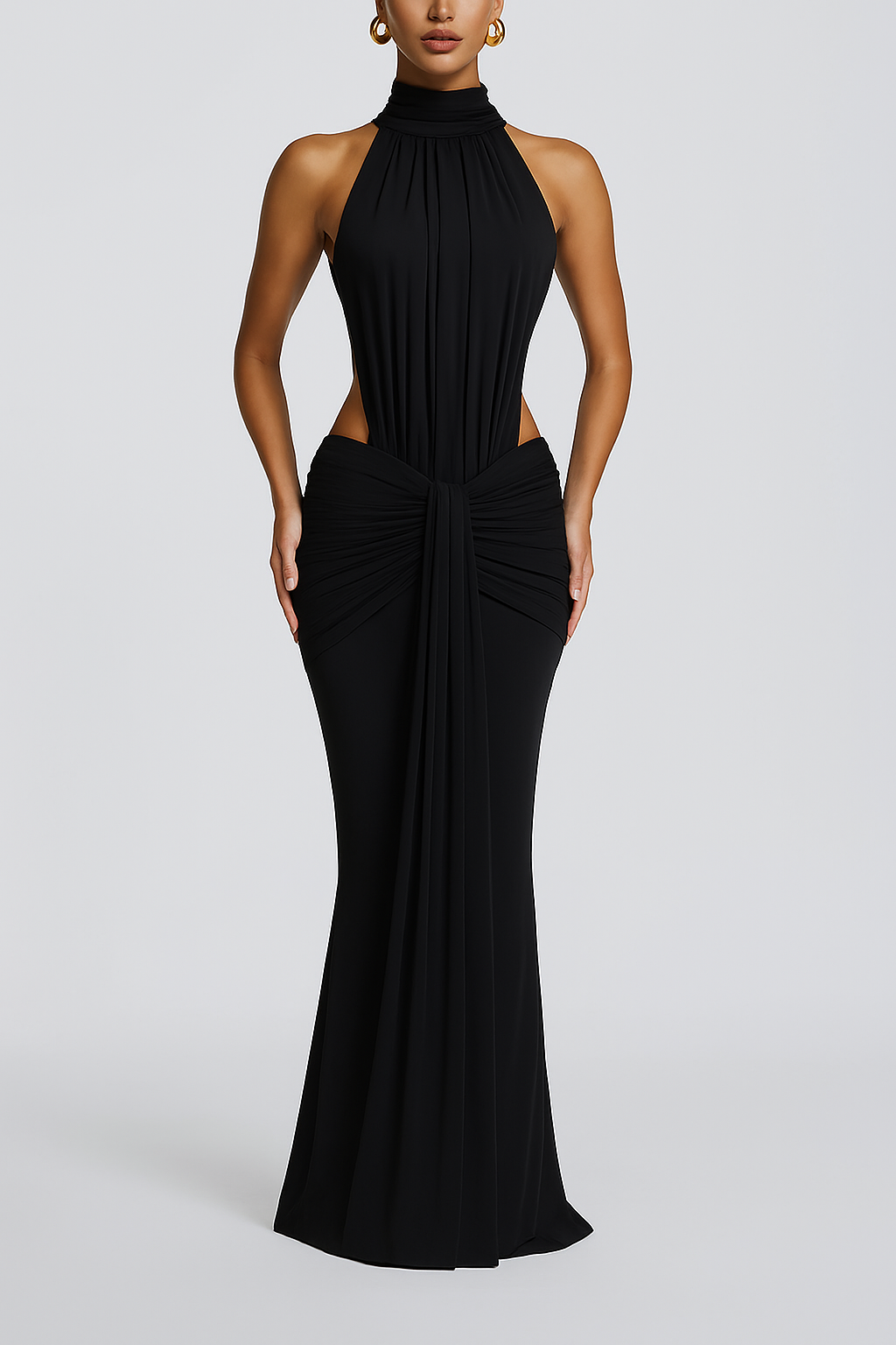 Thekla Stretch Slinky Jersey High Neck Ruched Backless Drape Maxi Dress