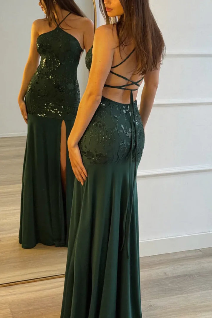 Fashionable Sequined Halter Neck Elegant Slim-fit Slit Maxi Dress
