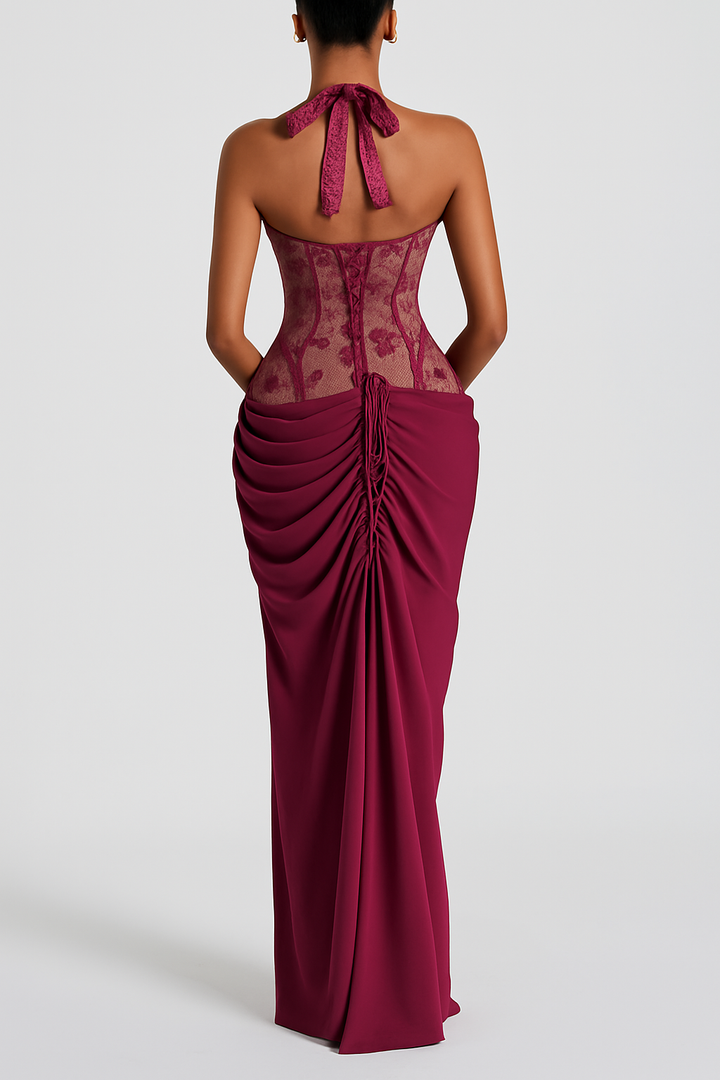 Bonita Floral Lace Contrast Structural Detail Asymmetrical Pleats Halter Slit Maxi Dress