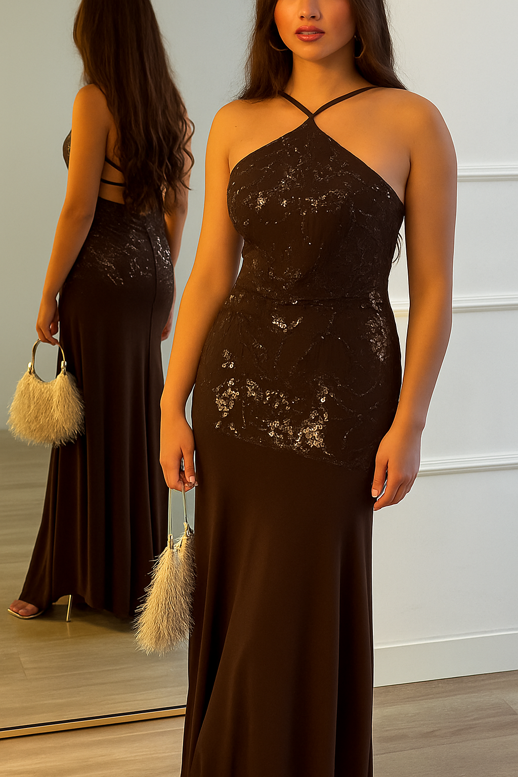 Fashionable Sequined Halter Neck Elegant Slim-fit Slit Maxi Dress
