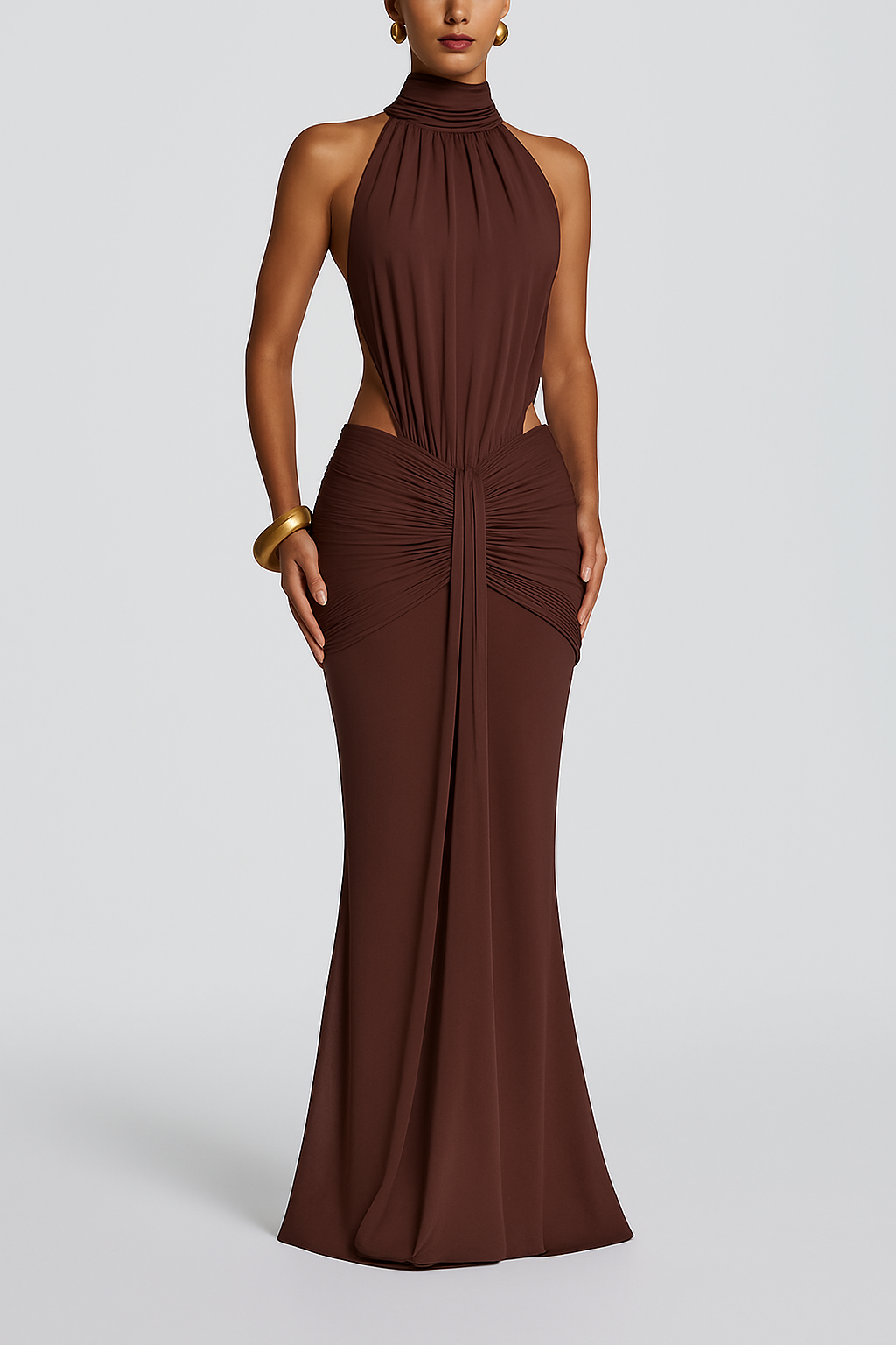 Thekla Stretch Slinky Jersey High Neck Ruched Backless Drape Maxi Dress