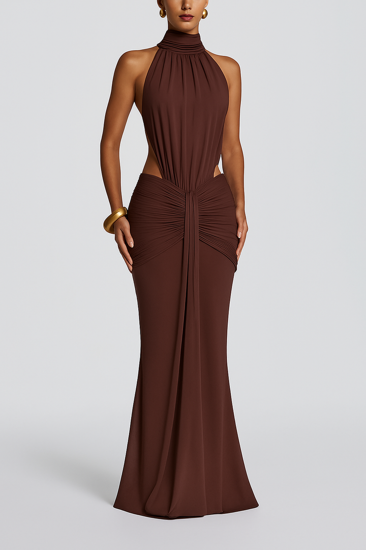 Thekla Stretch Slinky Jersey High Neck Ruched Backless Drape Maxi Dress
