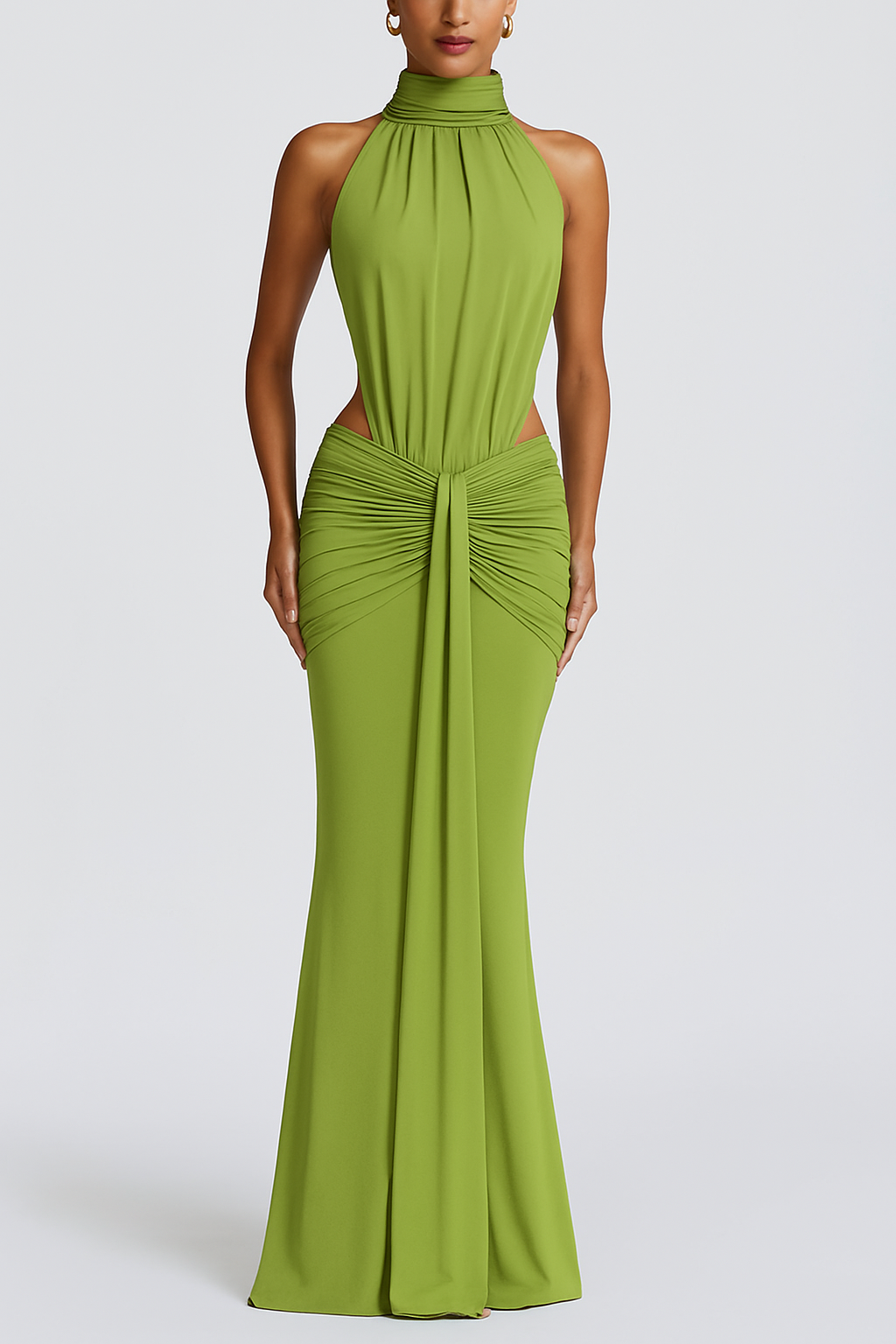 Thekla Stretch Slinky Jersey High Neck Ruched Backless Drape Maxi Dress