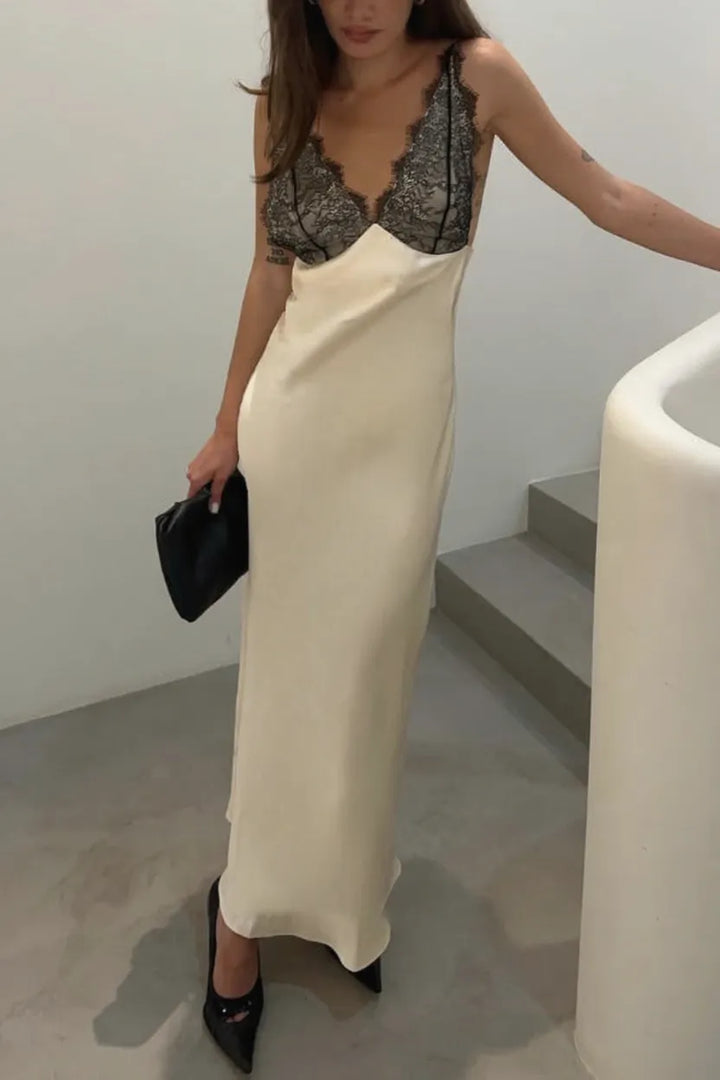 Fashionable Satin Lace Patchwork Spaghetti Strap Backless Elegant Slim-fit Maxi Dress