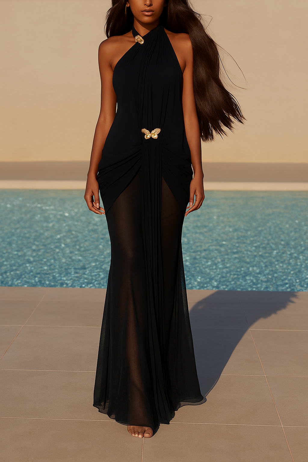 Touch of Drama Mesh Butterfly Metal Clips One Shoulder Backless Maxi Dress