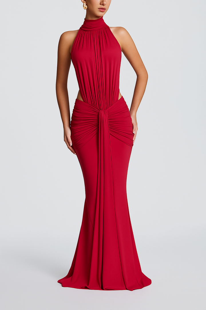 Thekla Stretch Slinky Jersey High Neck Ruched Backless Drape Maxi Dress