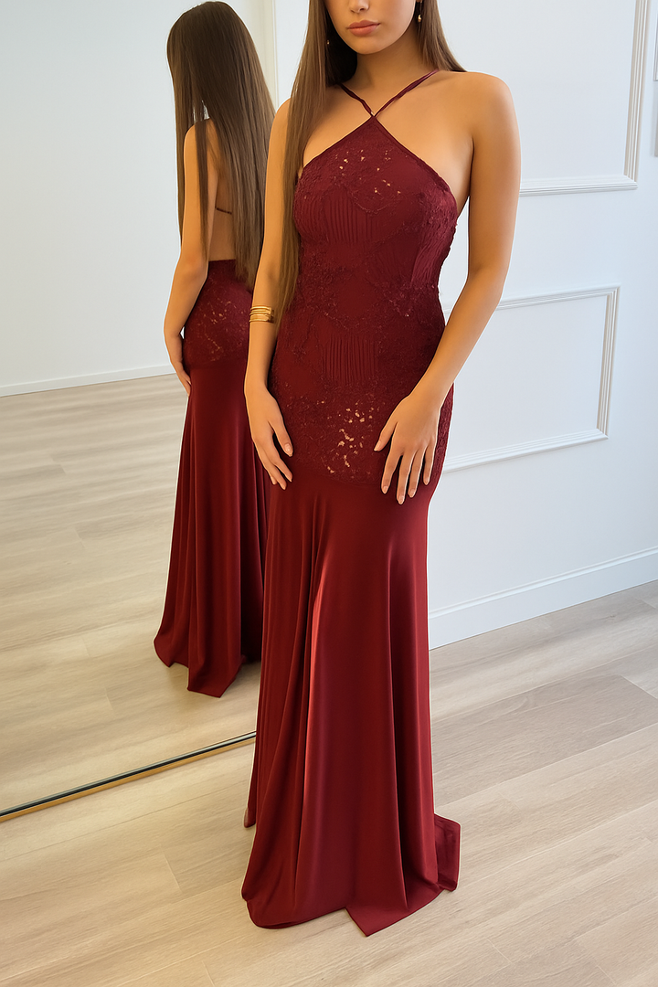 Fashionable Sequined Halter Neck Elegant Slim-fit Slit Maxi Dress
