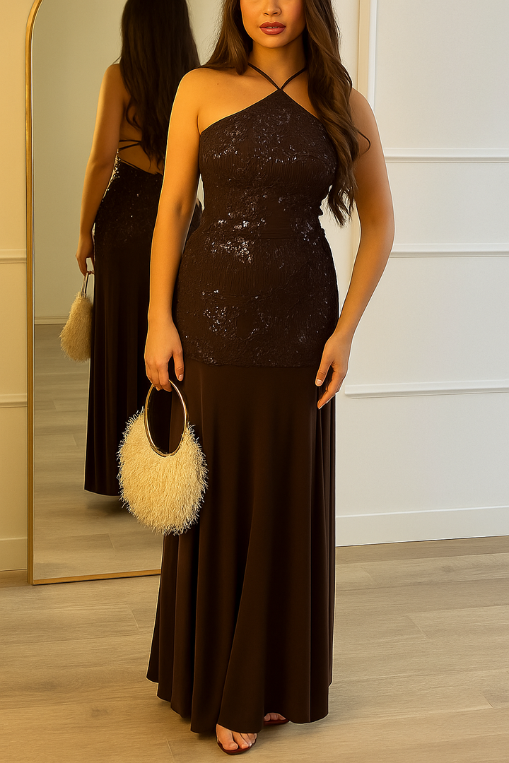 Fashionable Sequined Halter Neck Elegant Slim-fit Slit Maxi Dress