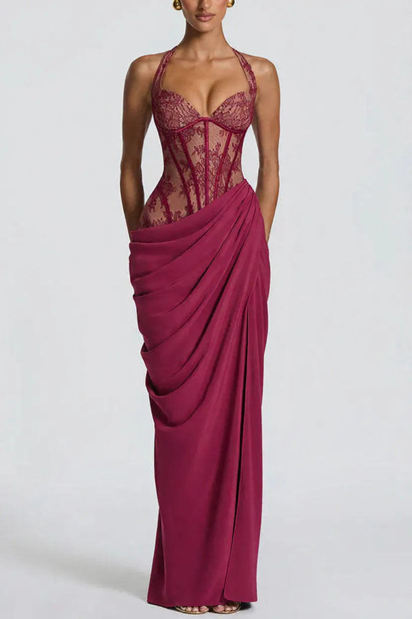 Bonita Floral Lace Contrast Structural Detail Asymmetrical Pleats Halter Slit Maxi Dress