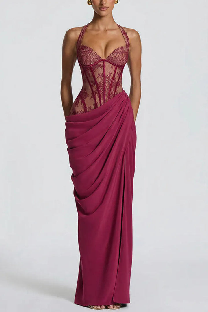 Bonita Floral Lace Contrast Structural Detail Asymmetrical Pleats Halter Slit Maxi Dress