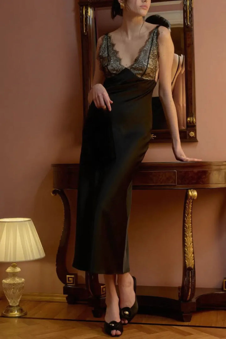 Fashionable Satin Lace Patchwork Spaghetti Strap Backless Elegant Slim-fit Maxi Dress
