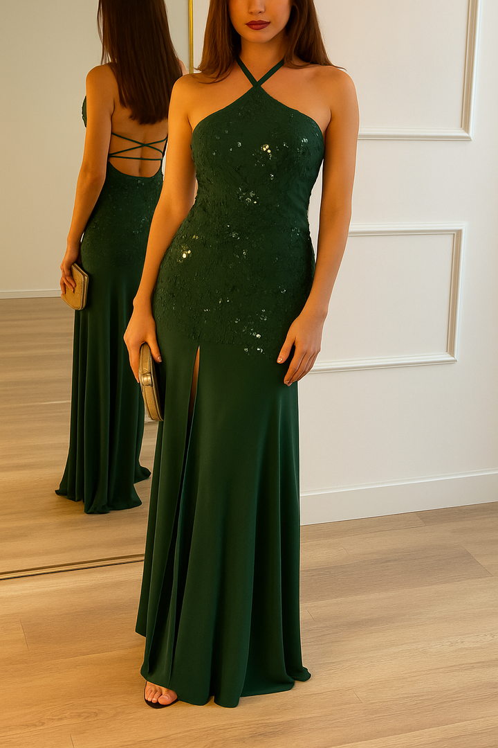 Fashionable Sequined Halter Neck Elegant Slim-fit Slit Maxi Dress