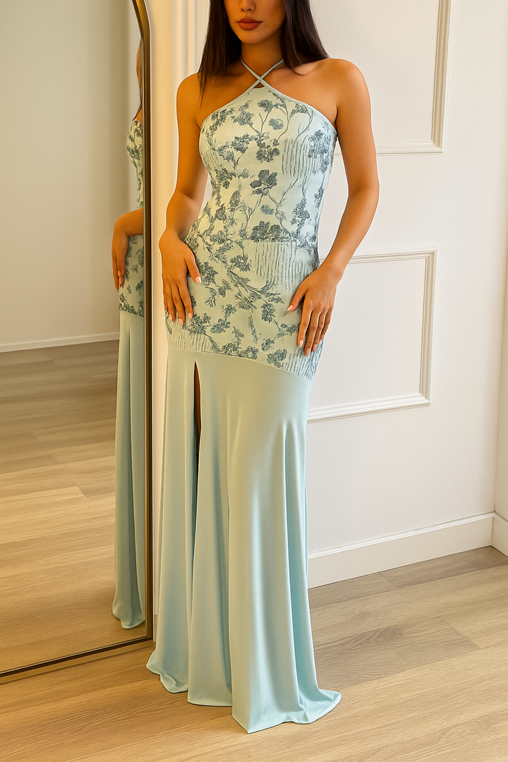 Fashionable Sequined Halter Neck Elegant Slim-fit Slit Maxi Dress