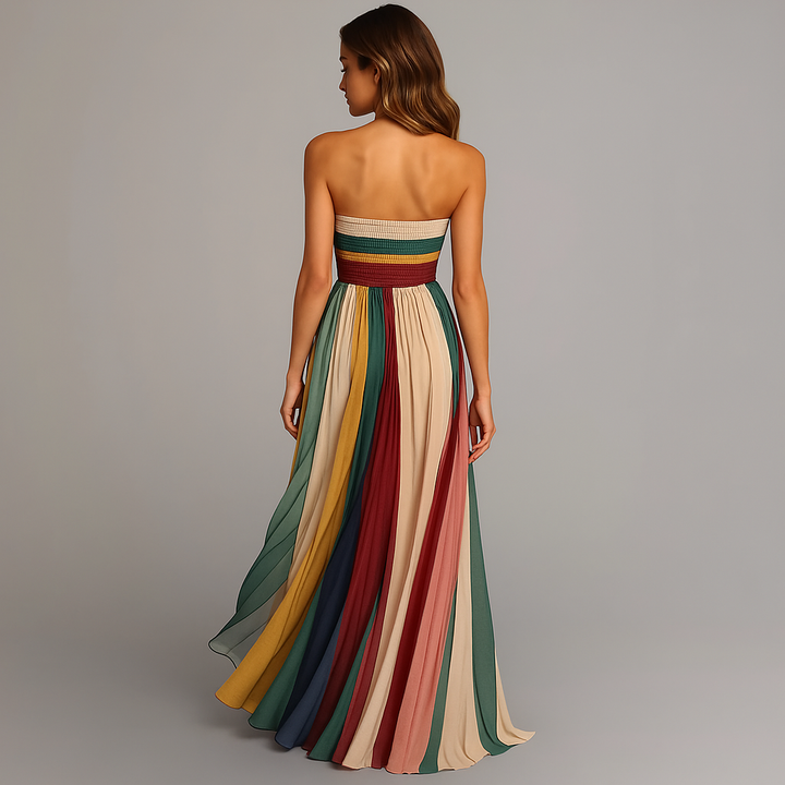 Judith™ | Women's Strapless Colorful Pleated Summer Maxi Dress Strapless