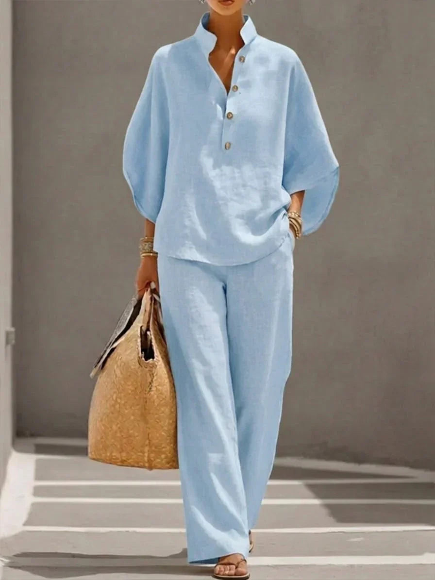 Maribel | Linen Set with Batwing Sleeves and Wide Pants