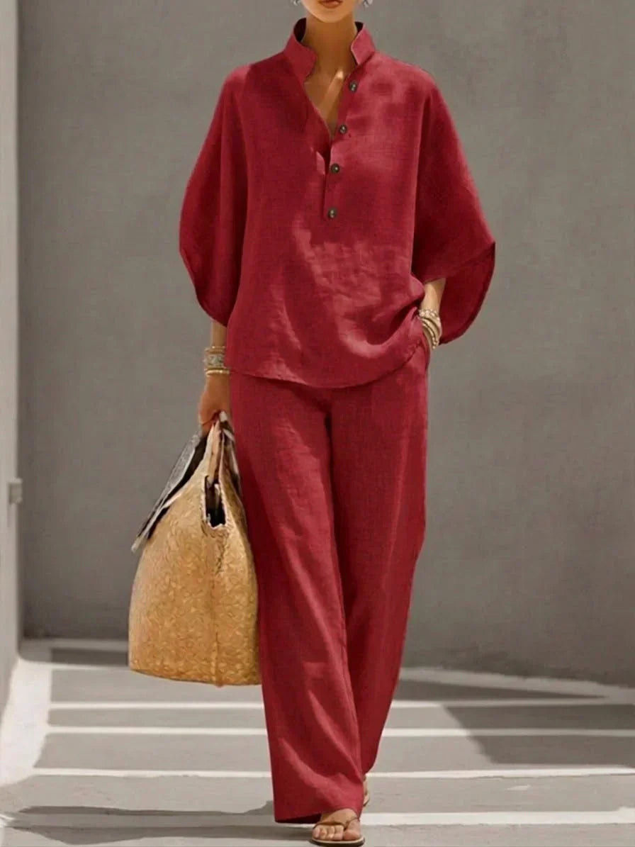 Maribel | Linen Set with Batwing Sleeves and Wide Pants