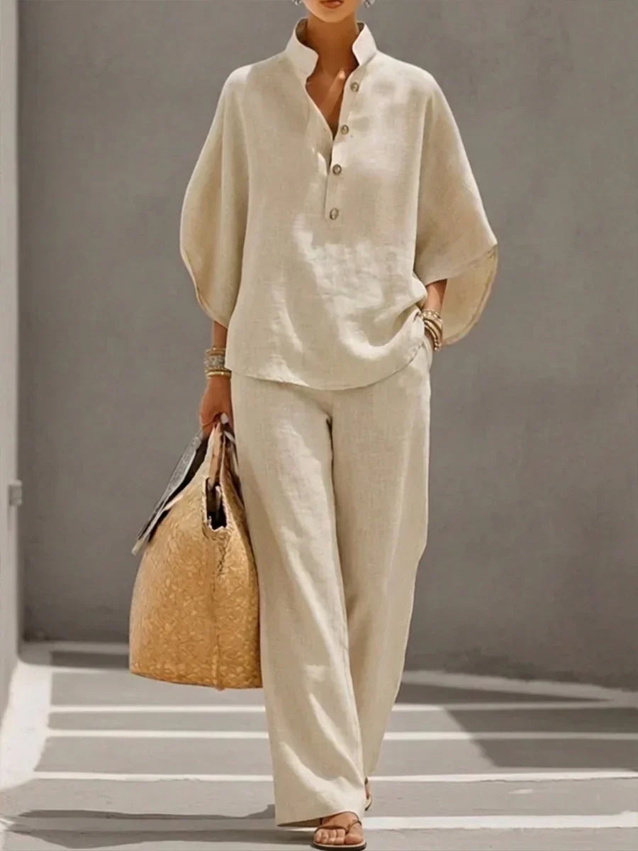 Maribel | Linen Set with Batwing Sleeves and Wide Pants